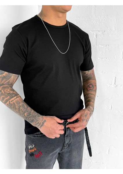 Erkek Slim Fit Fitilli Basic Esnek T-Shirt Siyah