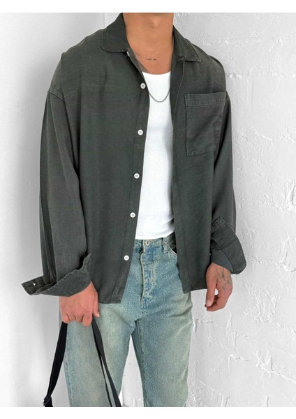 Erkek Oversize Yıkamalı Hafif ve Nefes Alabilen Gömlek Haki fırsatları