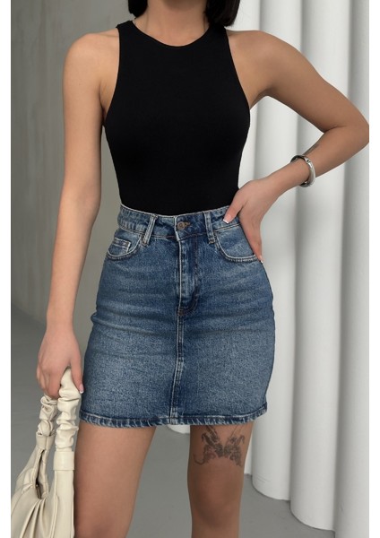 Dar Kalıplı Normal Belli Cepli ve Astarsız Kısa Boy Kadın Kot Etek Mini Koyu Mavi denim