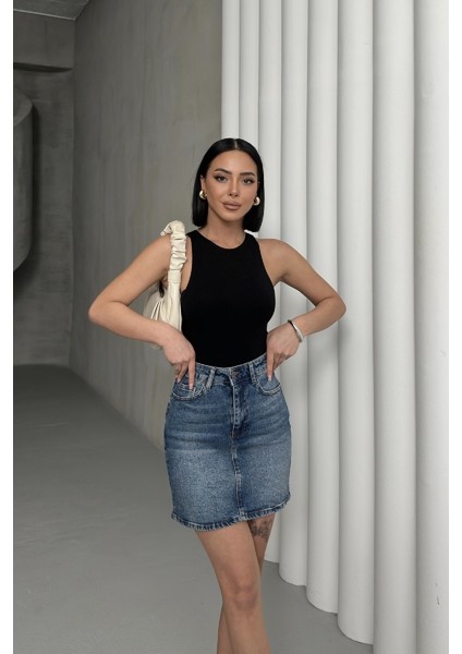Dar Kalıplı Normal Belli Cepli ve Astarsız Kısa Boy Kadın Kot Etek Mini Koyu Mavi denim indirimleri