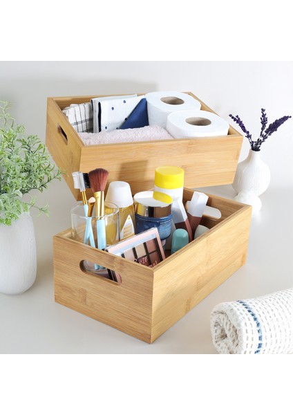 2'li Çok Amaçlı Bambu Organizer Kutu - Tezgah Üstü Banyo Mutfak Düzenleyici Dekoratif Saklama Kutusu