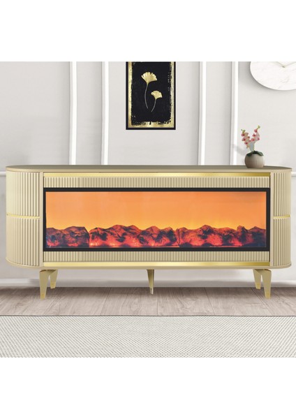 Trend Şömineli Tv Sehpası - Cappuccino - Gold