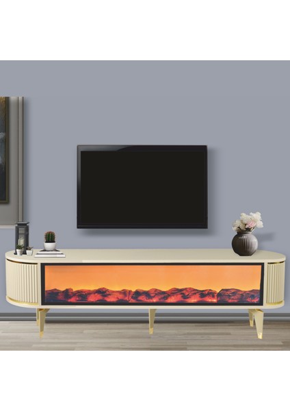 Talia Şömineli Tv Sehpası Cappuccino Gold Oval Bluetooth Hoparlörlü 7 Renk Efektli 160x40x50 Cm fiyatları