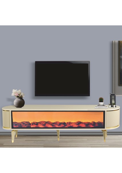 Talia Şömineli Tv Sehpası Cappuccino Gold Oval Bluetooth Hoparlörlü 7 Renk Efektli 160x40x50 Cm modelleri