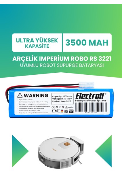 Arçelik Imperium Robo Rs 3221 Uyumlu Batarya (Ultra Yüksek Kapasite) 3500mah Robot Süpürge Bataryası
