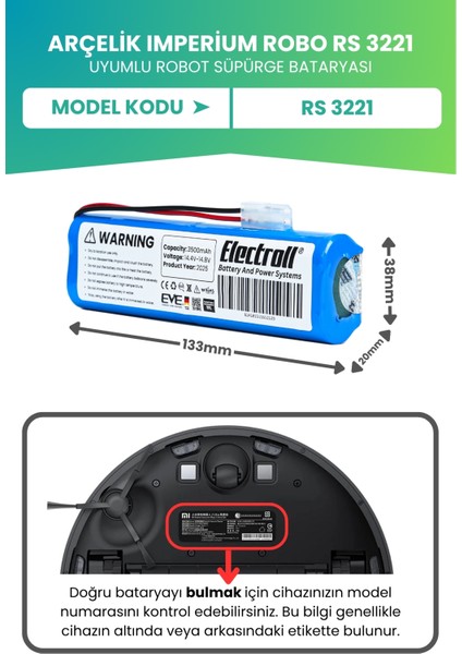 Arçelik Imperium Robo Rs 3221 Uyumlu Batarya (Ultra Yüksek Kapasite) 3500mah Robot Süpürge Bataryası fiyatları