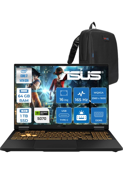 Tuf Gaming F16 FX608JPR 14. Nesil Intel I7-14650HX 64GB Ddr5 1tb SSD 8GB/RTX5070 115W 165Hz 16"wqxga 2.5k 400NITS IPS Freedos Gaming Bilg. WQT070F18+ZETTAÇANTA