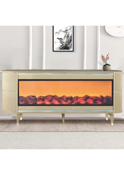 Dekoratif Şömineli Tv Sehpası Uygulamalı 7 Renk Hoparlörlü Cappuccino Gümüş Detaylı 160x67x40 Cm fiyatları