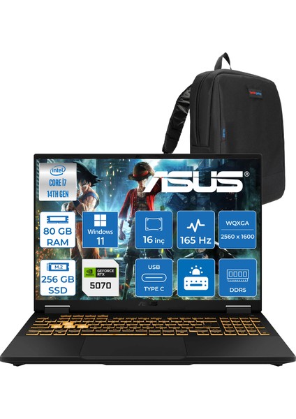 Tuf Gaming F16 FX608JPR 14. Nesil Intel I7-14650HX 80GB Ddr5 256GB SSD 8GB/RTX5070 115W 165Hz 16"wqxga 2.5k 400NITS IPS Windows 11 Home Gaming Bilg. WQT070H21+ZETTAÇANTA