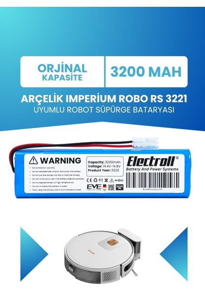 Arçelik Imperium Robo Rs 3221 Uyumlu Batarya (Standart Kapasite) 3200mah Robot Süpürge Bataryası