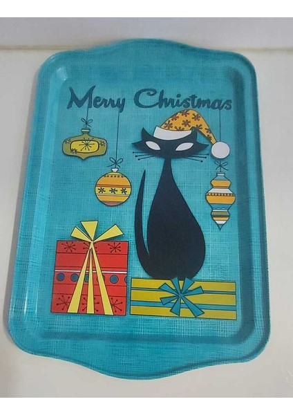Yeni Yıl Büyük Metal Tepsi 33X22CM Merry Christmas Siyah Kara Kedi 1 Adet modelleri