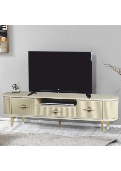 Duru Tv Sehpası Cappuccino Gümüş 2 Kapaklı 1 Çekmeceli Mebran Kapaklı Oval Tasarım 180x40x50 Cm fiyatları