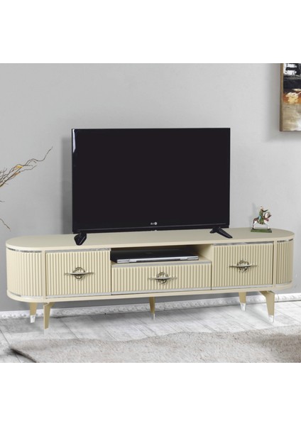 Duru Tv Sehpası Cappuccino Gümüş 2 Kapaklı 1 Çekmeceli Mebran Kapaklı Oval Tasarım 180x40x50 Cm modelleri