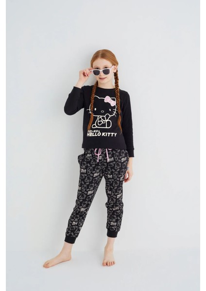 Kız Çocuk Siyah Kız Uzun Kol Pamuklu Pijama Takımı