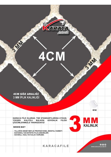 Kedi Balkon Güvenlik Filesi – 3m Yükseklik | Metreyle Kesim | 3 mm Ip, 4x4 cm Göz Aralığı + Montaj Aparatları (Beyaz) modelleri