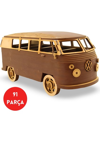 Volkswagen T1 Ahşap Model Araba - Retro Vw Minibüs Maketi - 91 Parça Ahşap 3D Kit