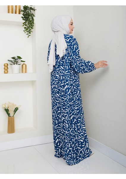 Desenli Önü Büzgülü Viskon Elbise - Mavi / E0131