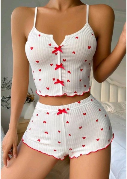 Beyaz Fiyonk Desenli Kalpli Askılı Şortlu Pijama Takım