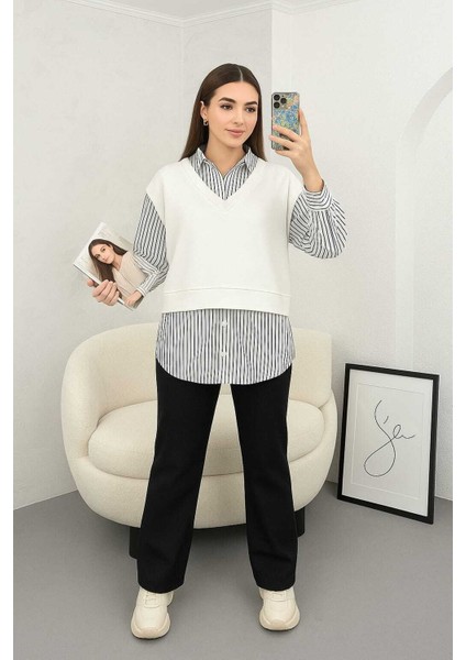 Seçil Kadın Beyaz Günlük Penye Süveter Detaylı Çizgili Gömlek SECIL-4997