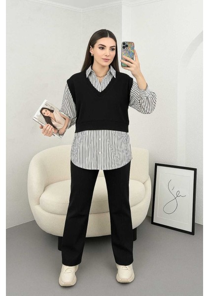 Seçil Kadın Siyah Günlük Penye Süveter Detaylı Çizgili Gömlek SECIL-4997