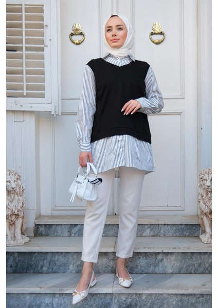 Seçil Kadın Siyah Günlük Penye Süveter Detaylı Çizgili Gömlek SECIL-4997 modelleri