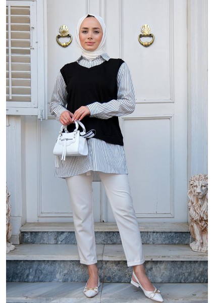 Seçil Kadın Siyah Günlük Penye Süveter Detaylı Çizgili Gömlek SECIL-4997 fırsatları