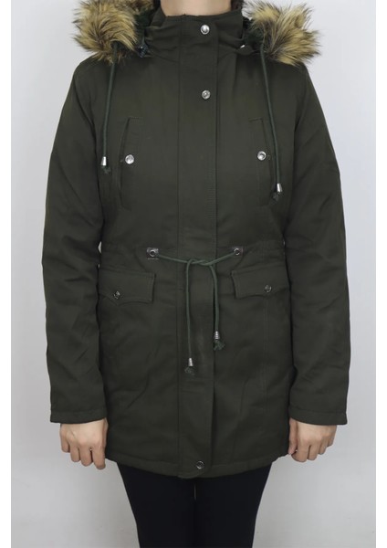 Fistan Store Kadın Hakim Yaka Dar Kalıp Kapüşonlu Çıtçıt Kapamalı Kışlık Keten Kaban