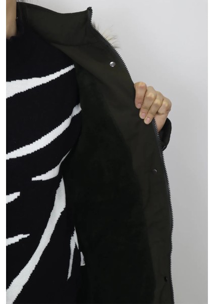 Fistan Store Kadın Hakim Yaka Dar Kalıp Kapüşonlu Çıtçıt Kapamalı Kışlık Keten Kaban modelleri