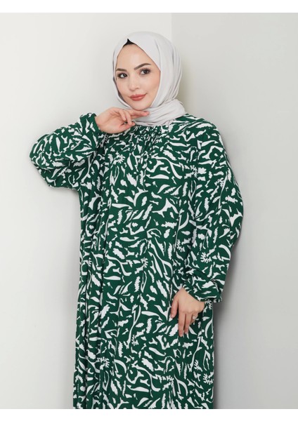 Desenli Önü Büzgülü Viskon Elbise - Yeşil / E0131