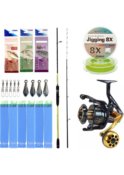 Hazır Tekne Oltası Seti Okuma Orata Tekne Kamışı 202CM 150-200GR 2 Parça Olta Kamışı&okuma Salina SA-6000HA Blue 6+1bb Olta Makinesi