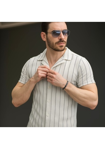 Erkek Kısa Kollu Gri Çizgi Desenli Örme Kumaş Pamuklu Gömlek fiyatları