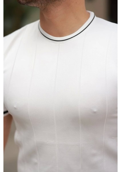 Erkek Bisiklet Yaka Çizgi Desenli Ribanalı Kısa Kollu Tshirt modelleri