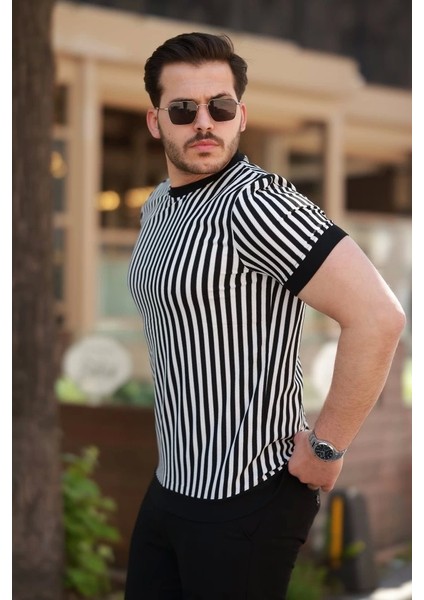 Erkek Siyah Beyaz Örme Pamuklu Kumaş Kısa Kollu T-Shirt fiyatları