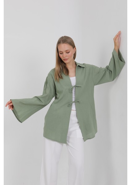 %100 Pamuk Keten Cepli Bağcıklı Kadın Kimono 1165 – Gömlek Yaka, Nefes Alan Kumaş