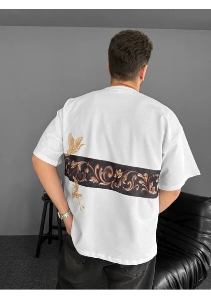 Ön ve Arka Baskılı Oversize Bisiklet Yaka T-Shirt - Beyaz