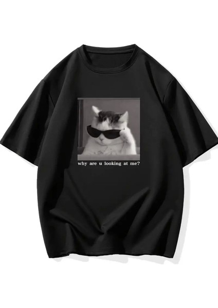 Baskılı Oversize Bisiklet Yaka T-Shirt - Siyah