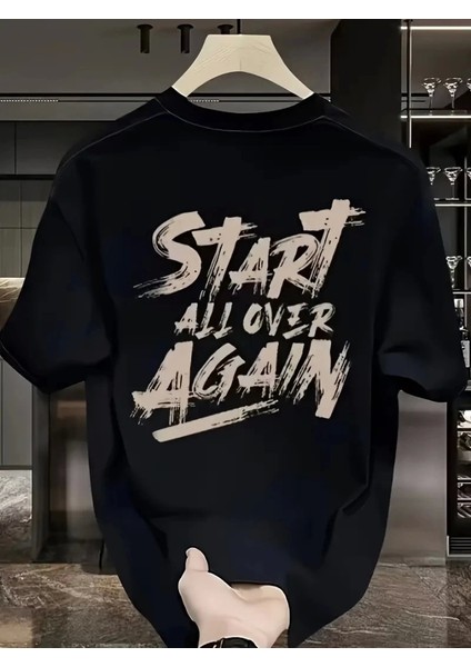 Baskılı Oversize Bisiklet Yaka T-Shirt - Siyah