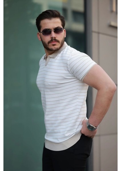 Erkek Kısa Kollu Çizgi Desenli Örme Kumaş Tshirt