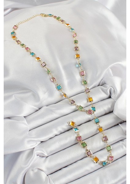 Pirinç Asorti Kare Model Gold Renk Zirkon Taşlı Y Kolye fiyatları