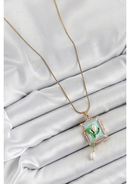 316L Çelik Zincir Turkuaz Sanatsal Portre Sallantılı Inci Detaylı Lale Model Gold Renk Kadın Kolye fiyatları