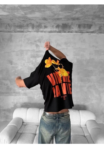 Ön ve Arka Baskılı Oversize Bisiklet Yaka T-Shirt- Siyah fırsatları