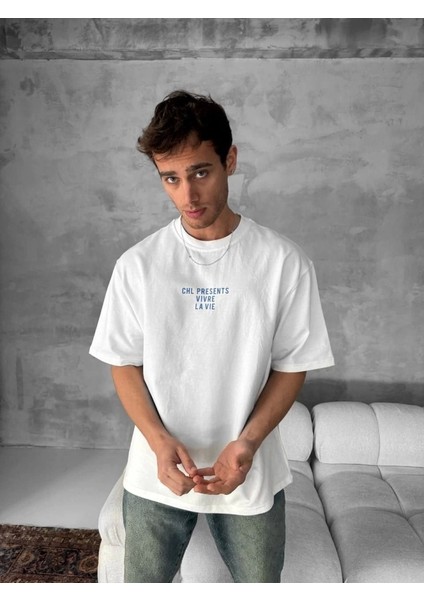 Ön ve Arka Baskılı Oversize Bisiklet Yaka T-Shirt- Beyaz