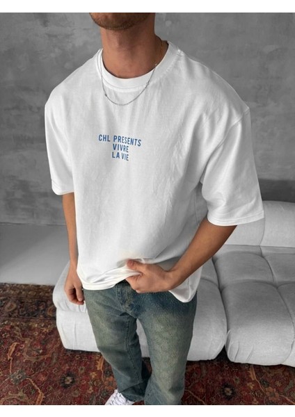 Ön ve Arka Baskılı Oversize Bisiklet Yaka T-Shirt- Beyaz modelleri