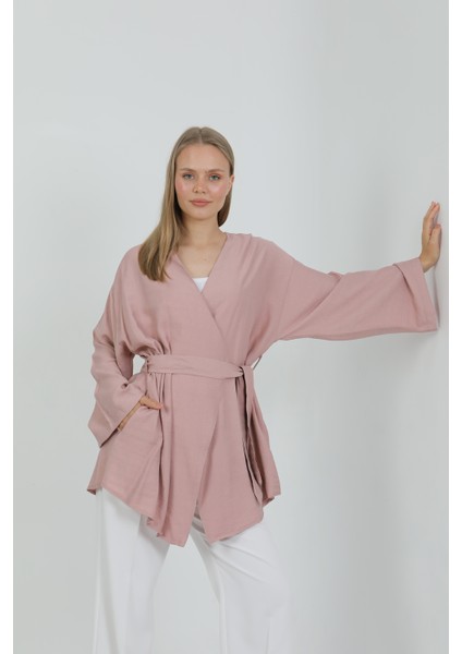 Doğal Viskon Kumaş Cepli Kemerli Kadın Kimono 1168 – Yakasız, Hafif, Dökümlü, Yazlık Model