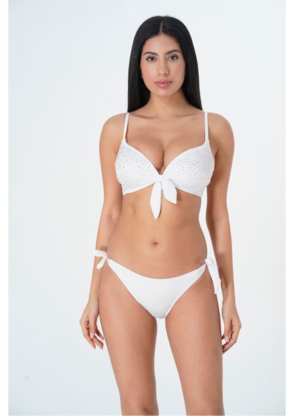 2025 Kreasyonu Beyaz, Taşlı Düz Üçgen Kaplı Bikini Takımı