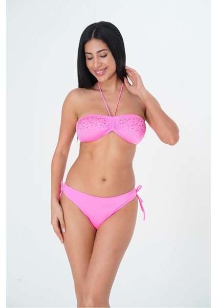 2025 Kreasyonu Pembe, Taşlı Düz Straplez Bikini Takımı