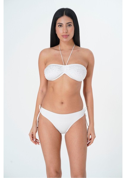 2025 Kreasyonu Beyaz, Taşlı Düz Straplez Bikini Takımı