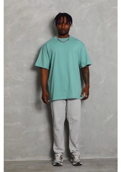 Unisex Oversize Düz Bisiklet Yaka T-Shirt - Mint Yeşili fırsatları