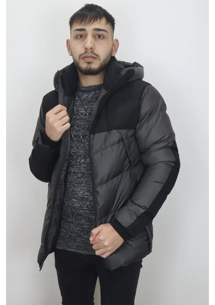 Fistan Store Erkek Hakim Yaka Spor Kesim Rahat Kalıp Kapüşonlu Kışlık Şişme Mont