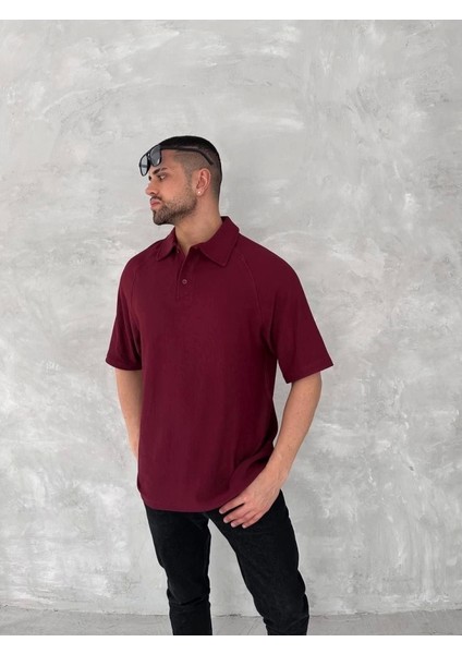 Yakalı Patlı Kısa Kol T-Shirt - Bordo